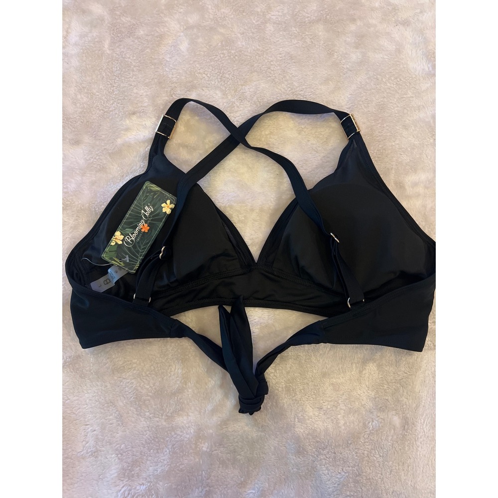 Blooming Jelly Black Mesh V Neck Cross Back Bikini Top Gold Hardware L - Picture 3 of 3